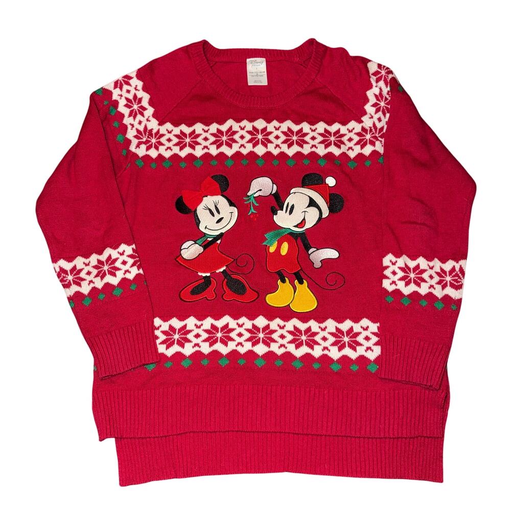 Disney Store Christmas Sweater Women's Size L Red Knit Mickey Minnie Snowflake